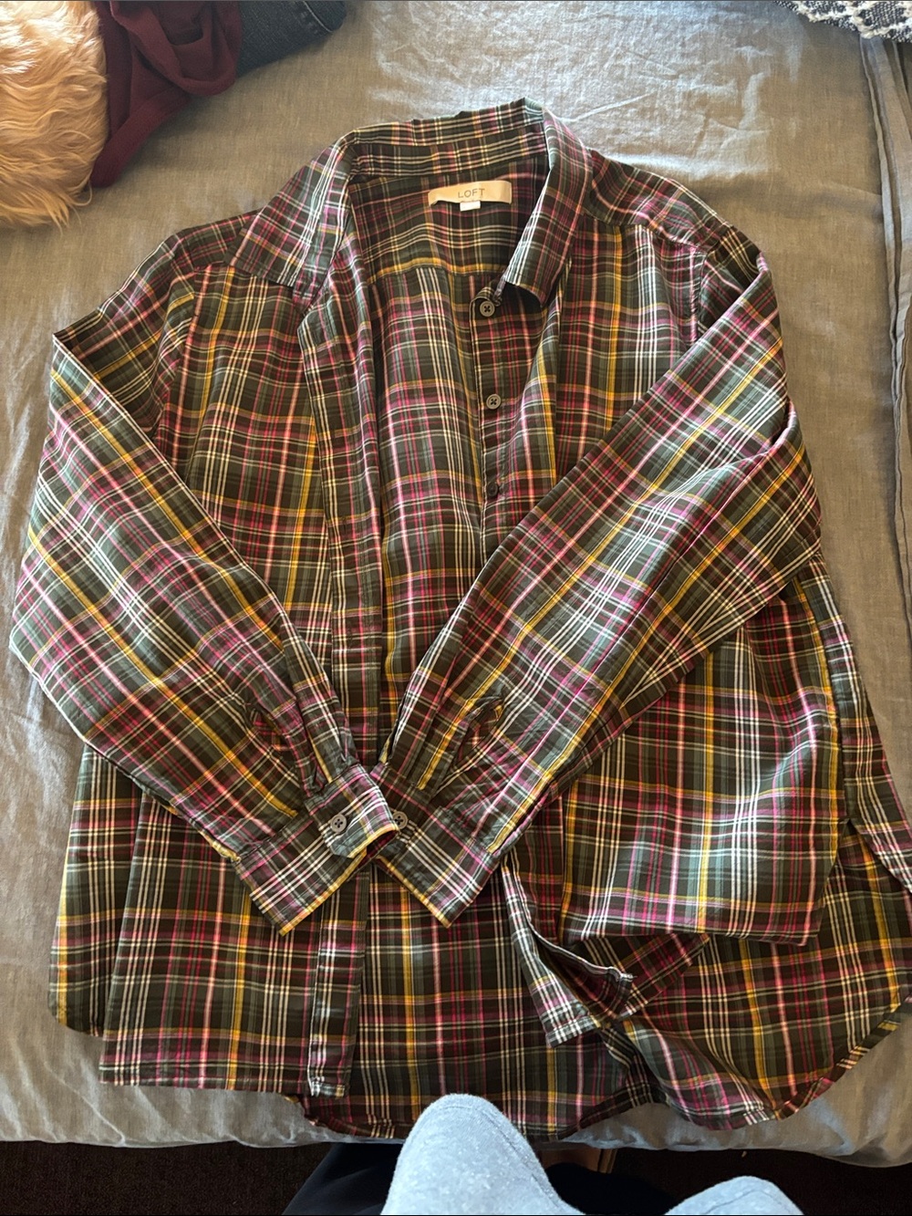 LOFT woman’s Plaid Button-Down Shirt in Green, Yellow & Pink
